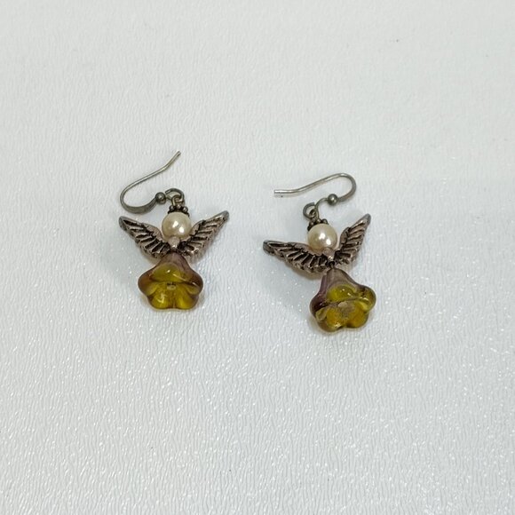 Angel Wing Earring Handcrafted Yellow Glass Flower Bead Faux Pearls Silver Hooks - Picture 2 of 3